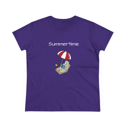Purple bear graphic t-shirt with a bear lounging under a red and white umbrella and summertime text