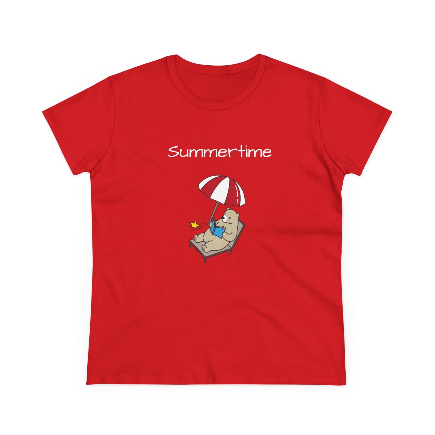 Red bear graphic t-shirt featuring a bear relaxing under a beach umbrella with summertime text