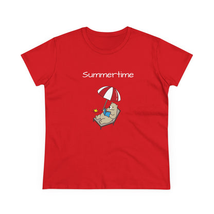 Red bear graphic t-shirt featuring a bear relaxing under a beach umbrella with summertime text