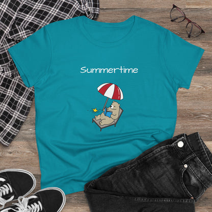 Teal bear graphic t-shirt with cartoon bear relaxing under umbrella and summertime text