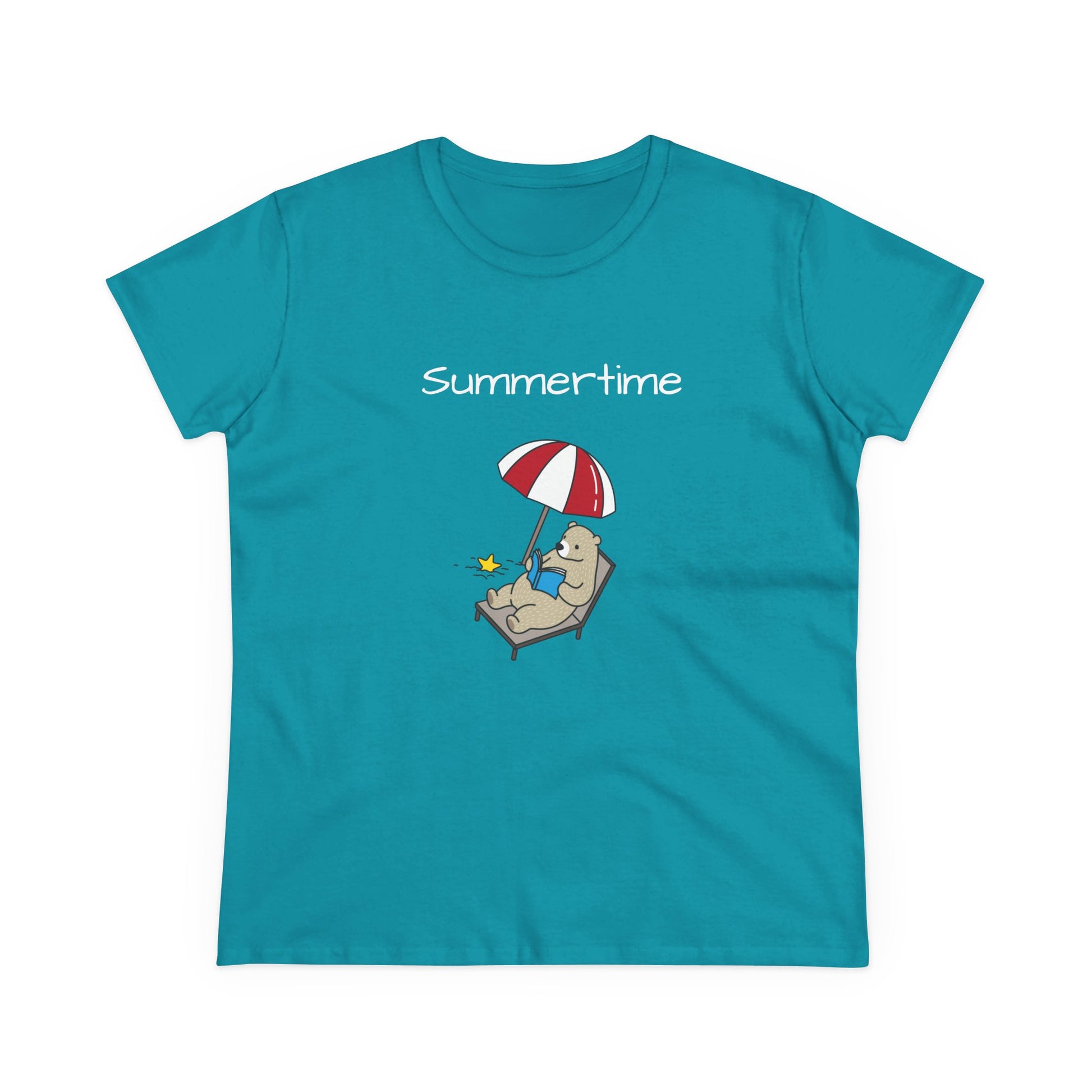Printify bear graphic t-shirt in teal with a relaxing bear under an umbrella and summertime text
