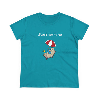 Printify bear graphic t-shirt in teal with a relaxing bear under an umbrella and summertime text