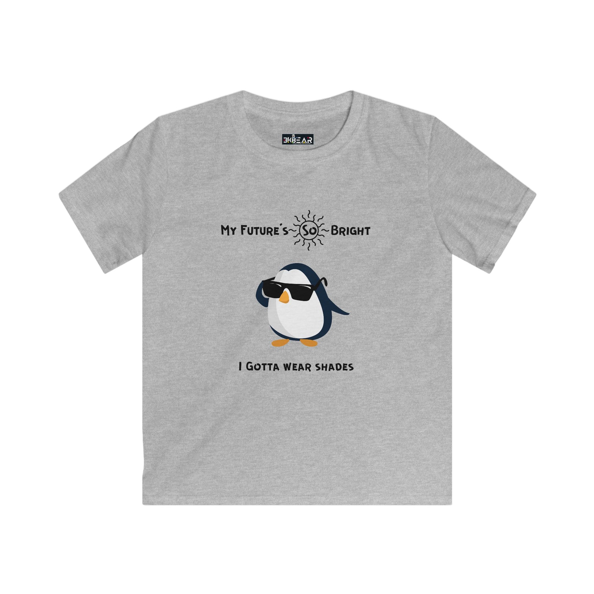 Gray penguin kids shirt with cute penguin wearing sunglasses and bright future text