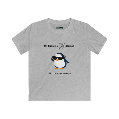 Gray penguin kids shirt with cute penguin wearing sunglasses and bright future text