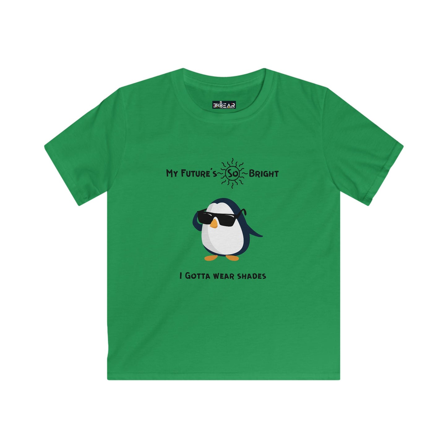 Green penguin kids shirt by Printify with cartoon penguin wearing sunglasses and bright future text