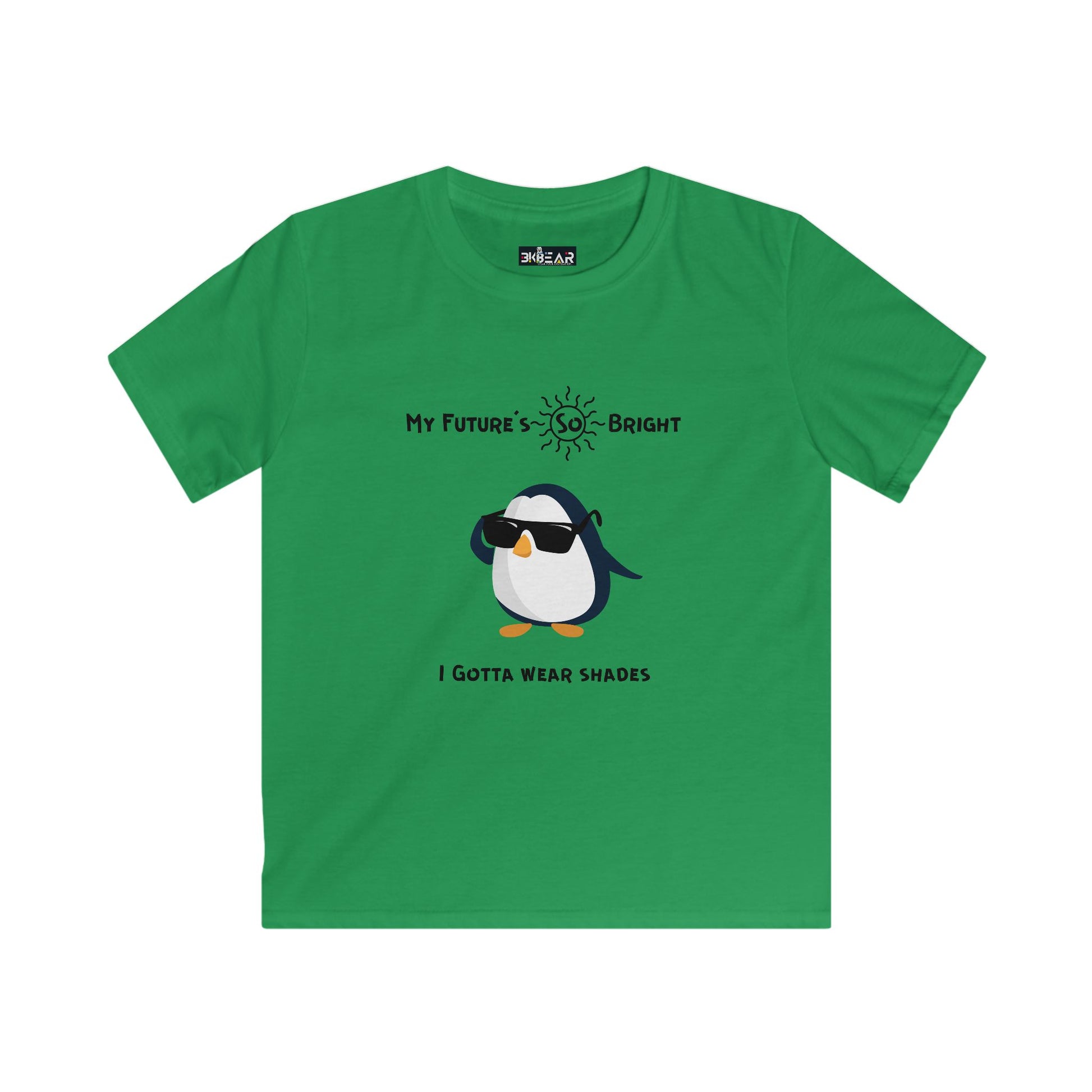 Green penguin kids shirt by Printify with cartoon penguin wearing sunglasses and bright future text