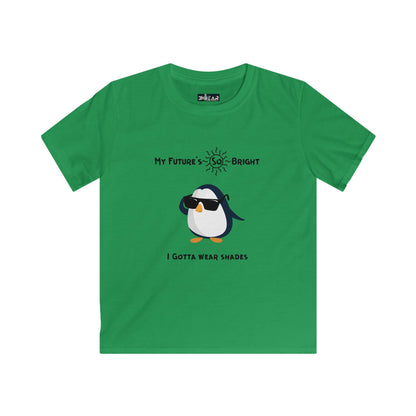 Green penguin kids shirt by Printify with cartoon penguin wearing sunglasses and bright future text