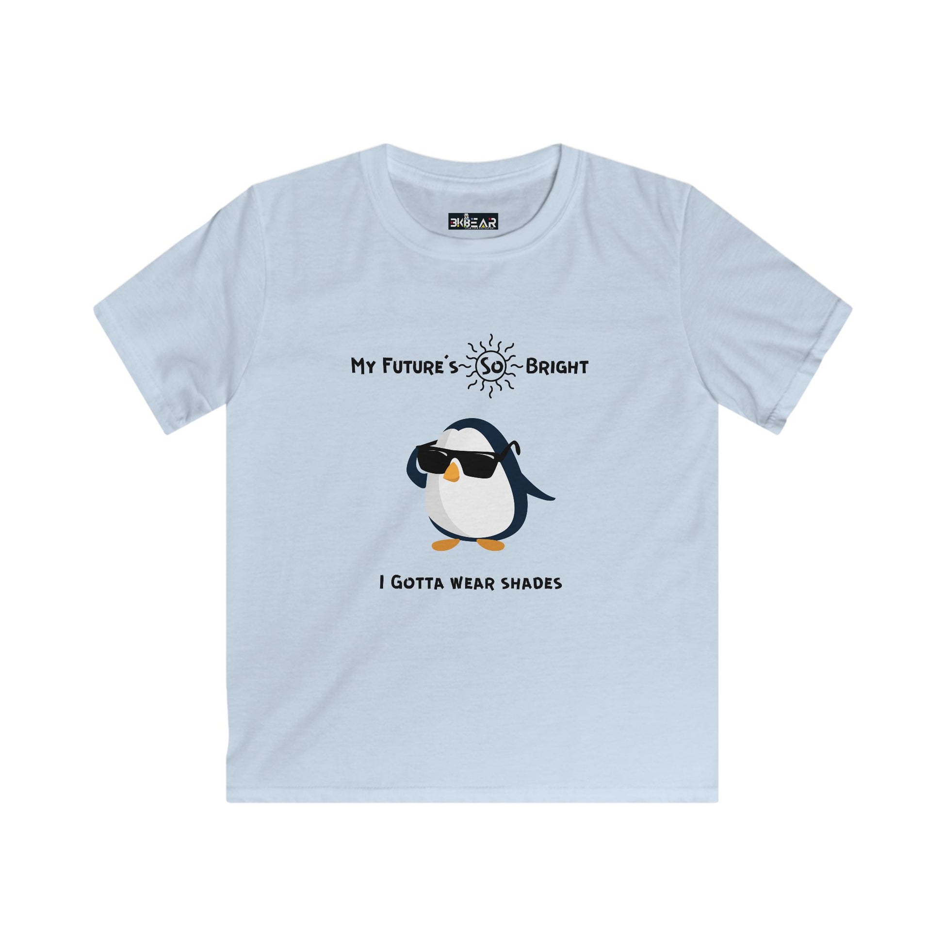 Light blue penguin kids shirt with cool penguin wearing sunglasses and bright future text