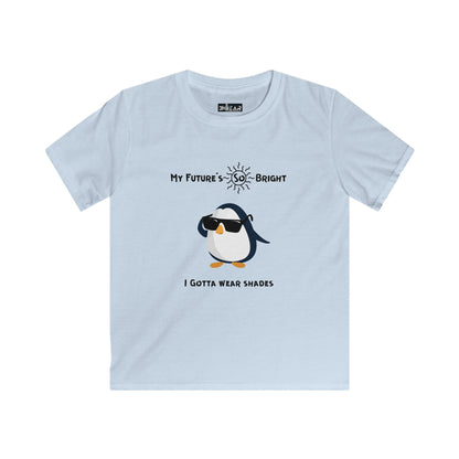 Light blue penguin kids shirt with cool penguin wearing sunglasses and bright future text