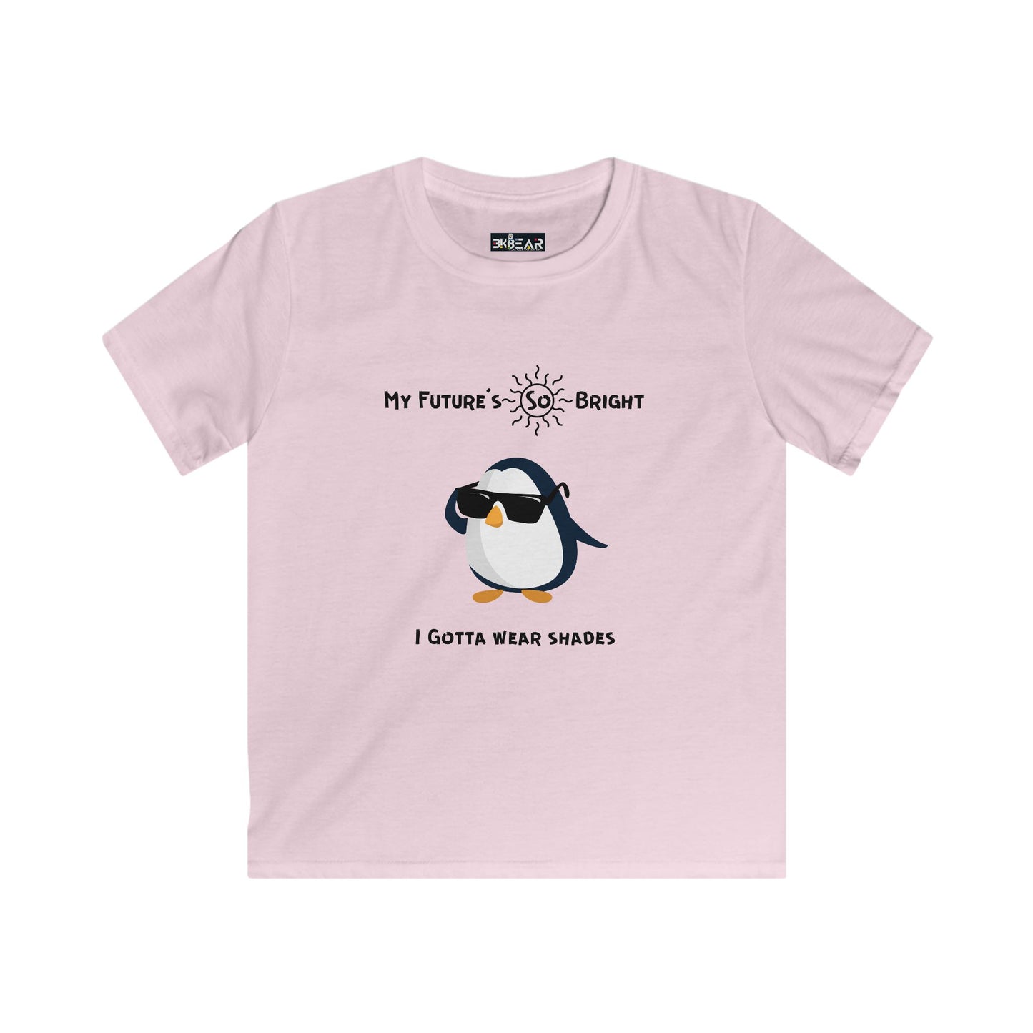 Pink penguin kids shirt with sunglasses graphic and My Future's So Bright text