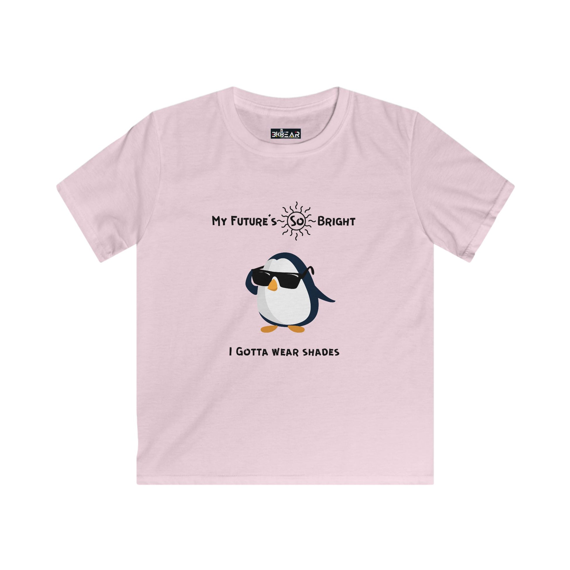Pink penguin kids shirt with sunglasses graphic and My Future's So Bright text