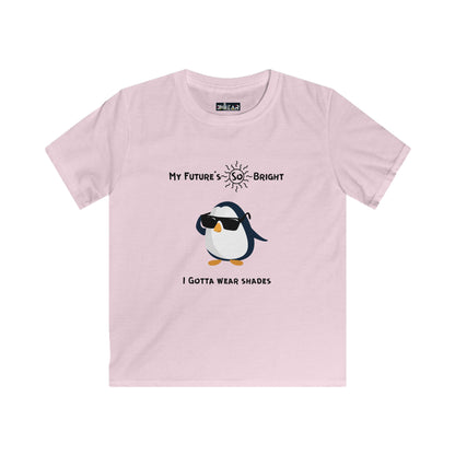 Pink penguin kids shirt with sunglasses graphic and My Future's So Bright text