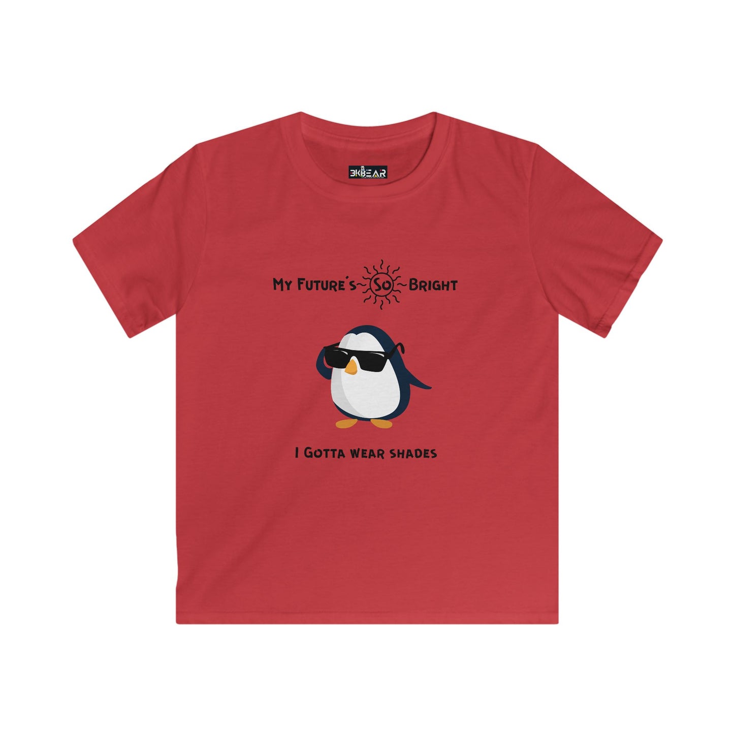 Red penguin kids shirt with a cool penguin wearing sunglasses and bright future text