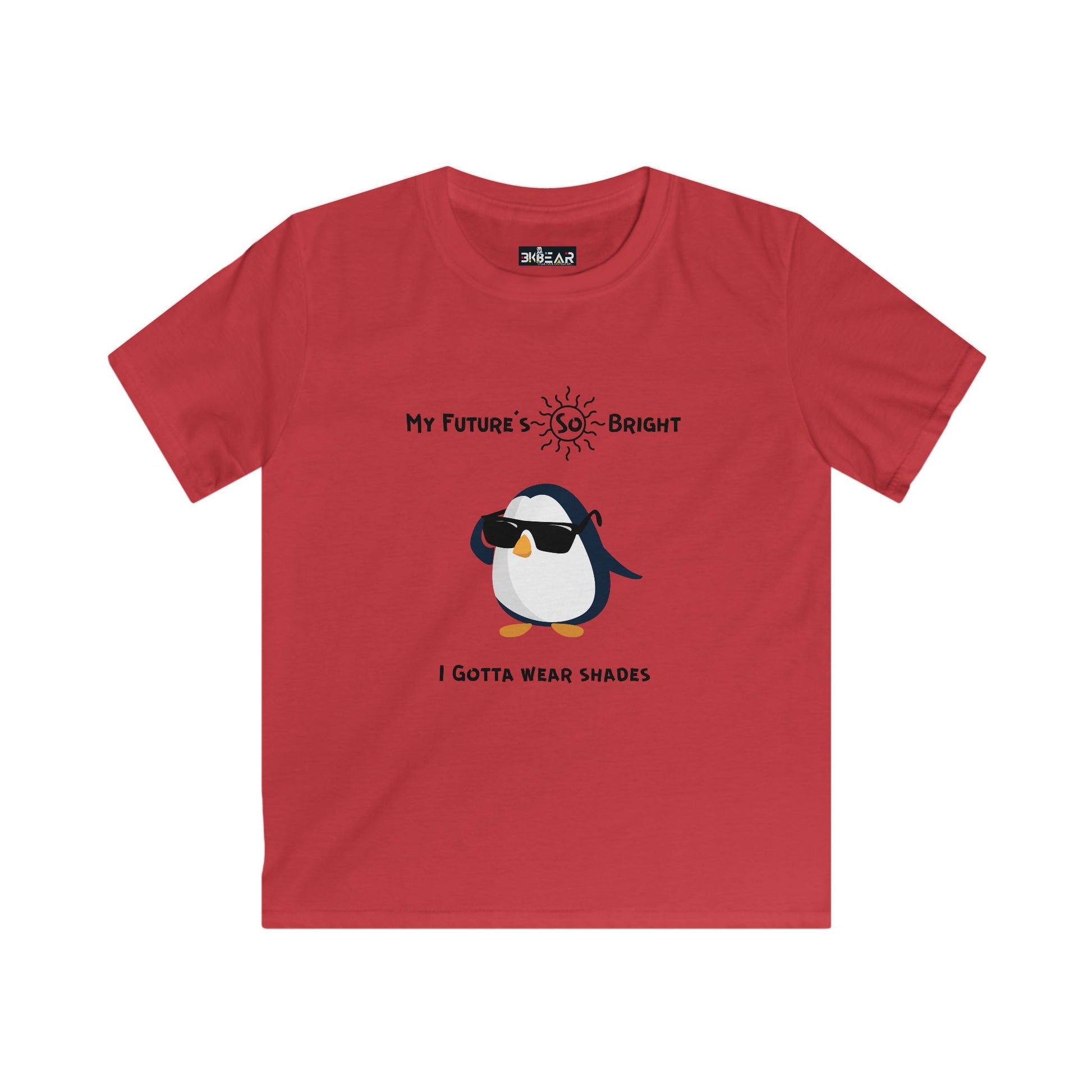 Red penguin kids shirt with a cool penguin wearing sunglasses and bright future text