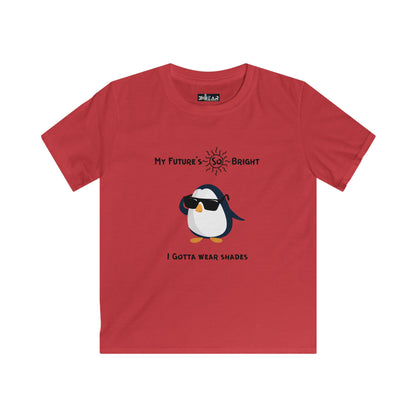 Red penguin kids shirt with a cool penguin wearing sunglasses and bright future text