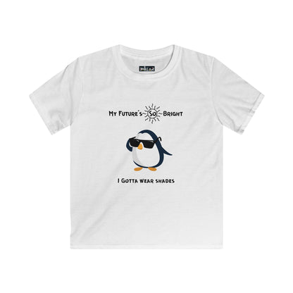 White penguin kids shirt from Printify with sunglasses and bright future graphic