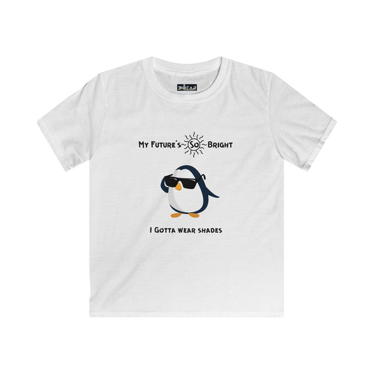 White penguin kids shirt from Printify with sunglasses and bright future graphic