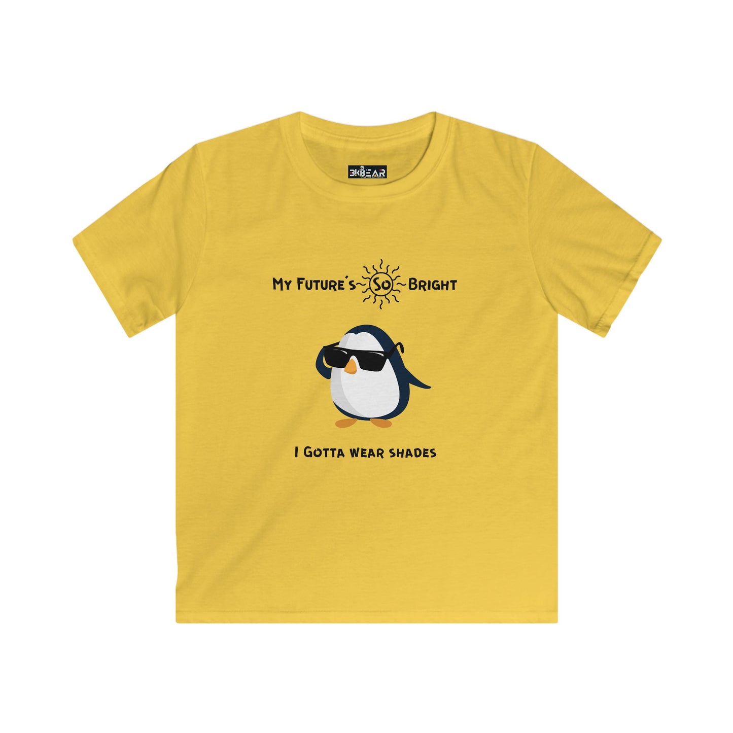 Yellow penguin kids shirt with sunglasses graphic and My Future's So Bright text from Printify