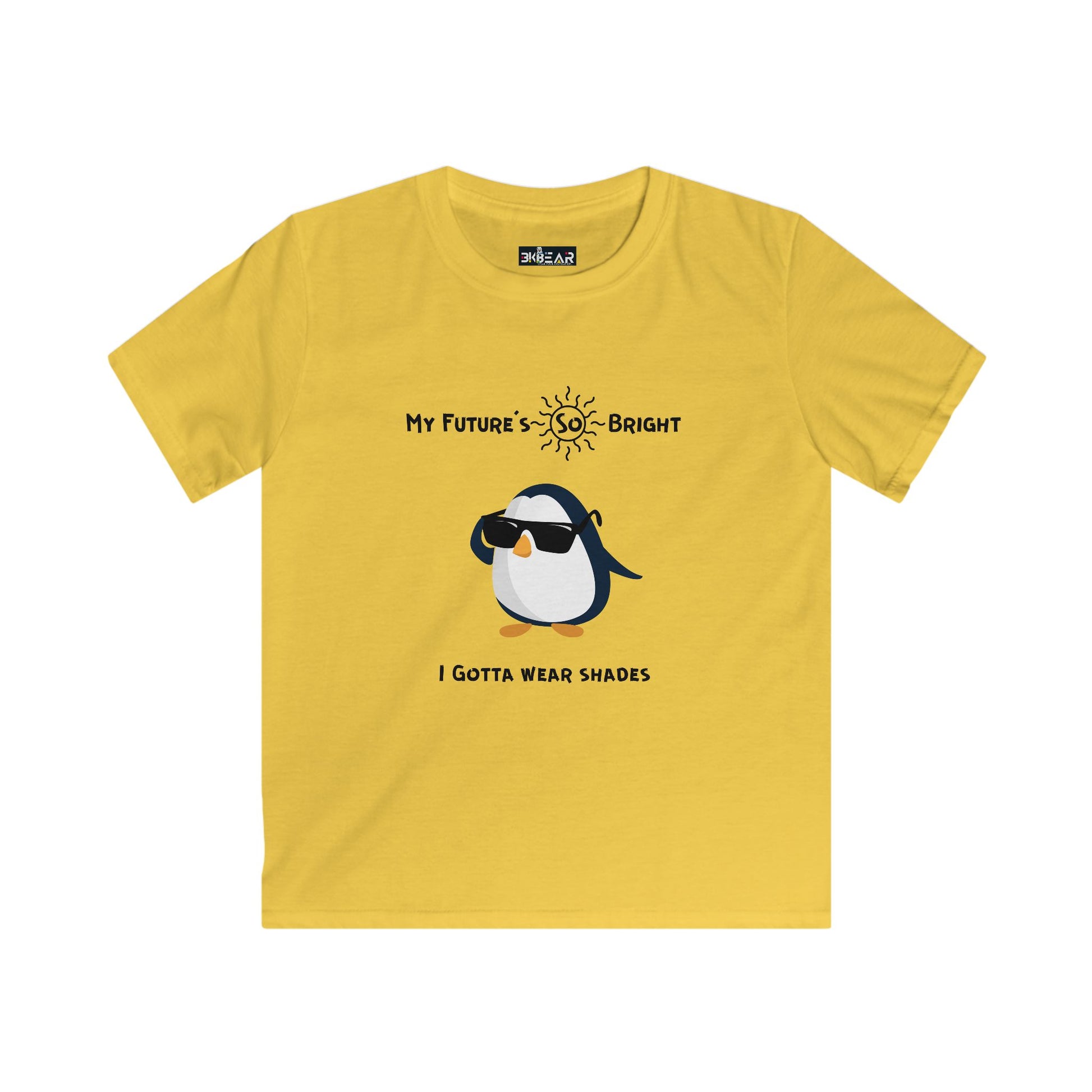 Yellow penguin kids shirt with sunglasses graphic and My Future's So Bright text from Printify
