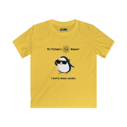 Yellow penguin kids shirt with sunglasses graphic and My Future's So Bright text from Printify