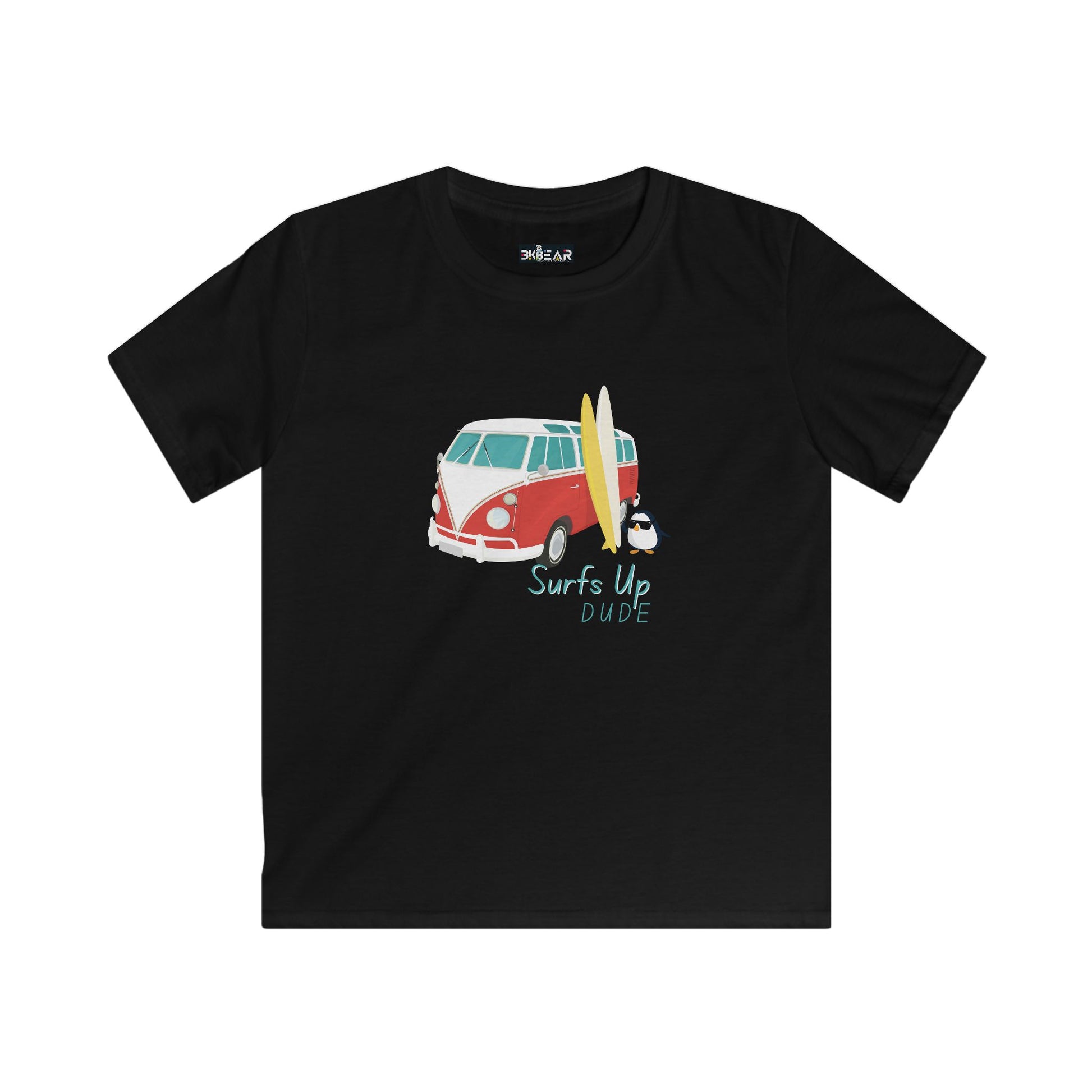 Black kids surfing shirt for boys and girls with red van and surfboard graphic from Printify