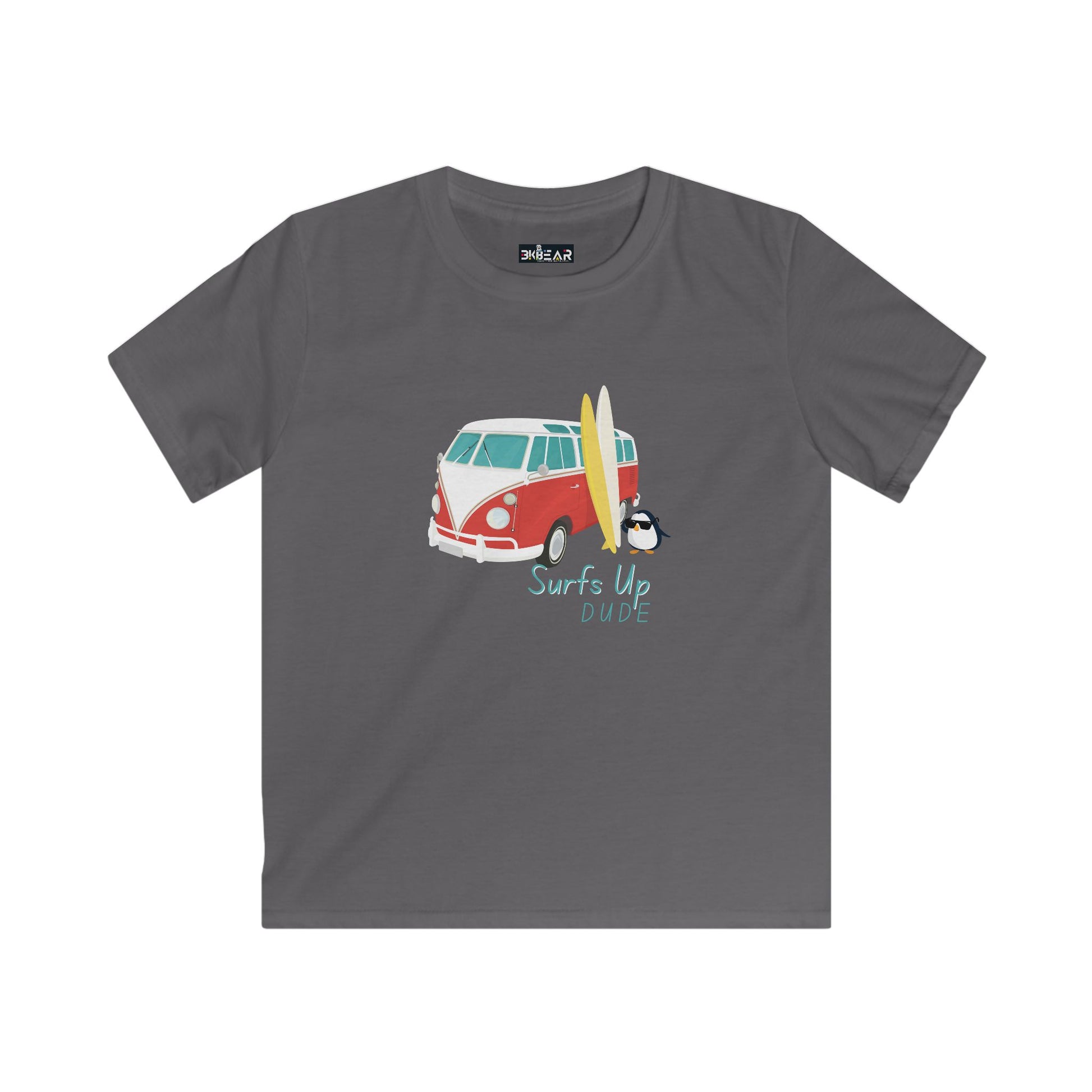 Printify kids grey surfing shirt for boys and girls with vintage van and surfboard design