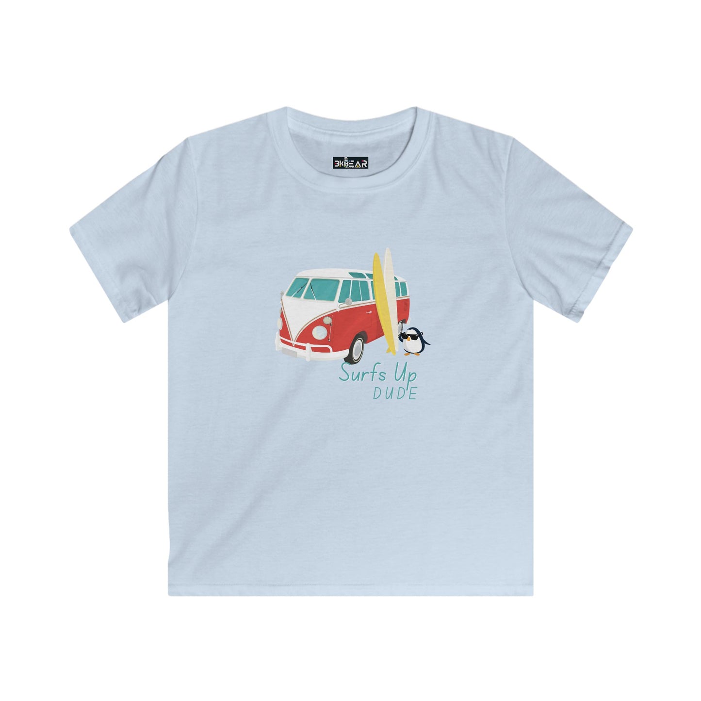 Light blue surfing shirt for boys and girls with van and surfboard graphic from Printify