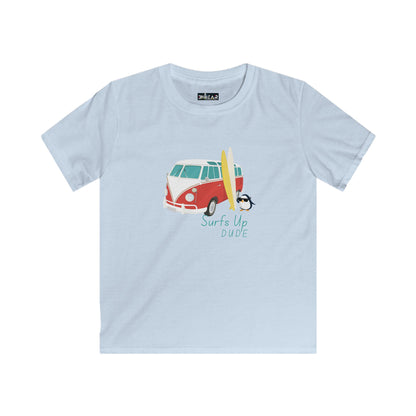 Light blue surfing shirt for boys and girls with van and surfboard graphic from Printify