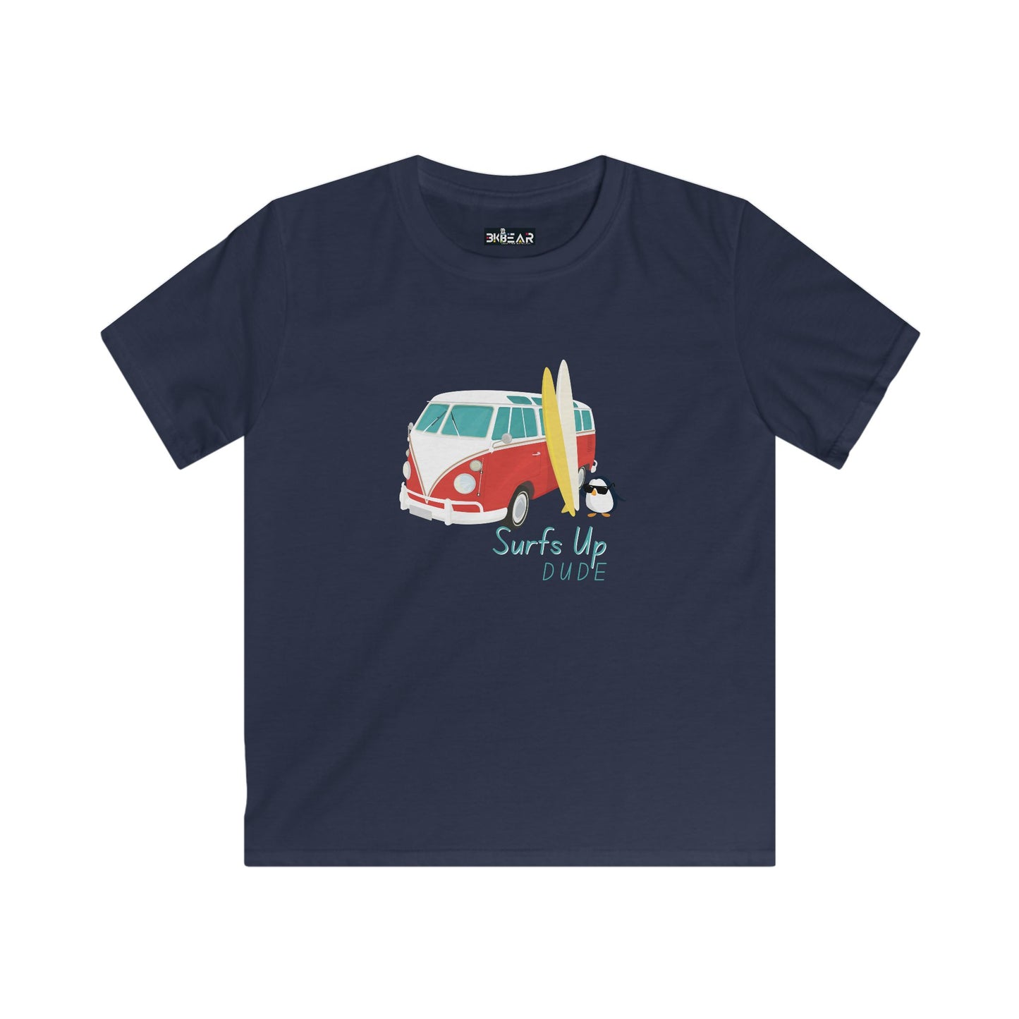 Navy surfing shirt for boys and girls with surf van and penguin graphic Printify kids clothes