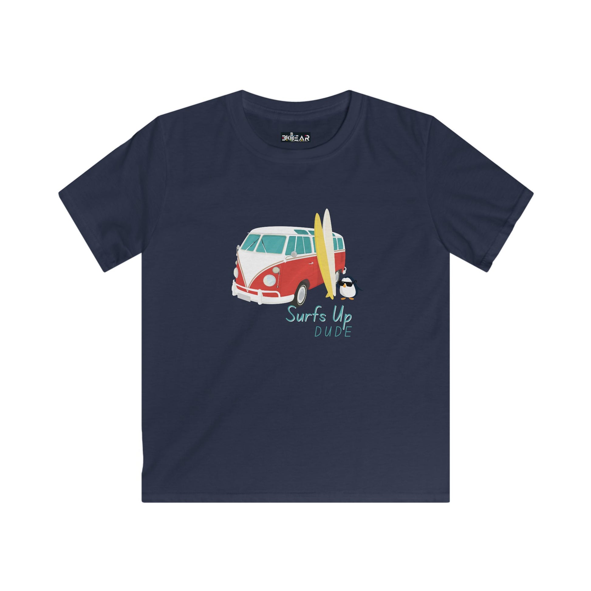 Navy surfing shirt for boys and girls with surf van and penguin graphic Printify kids clothes