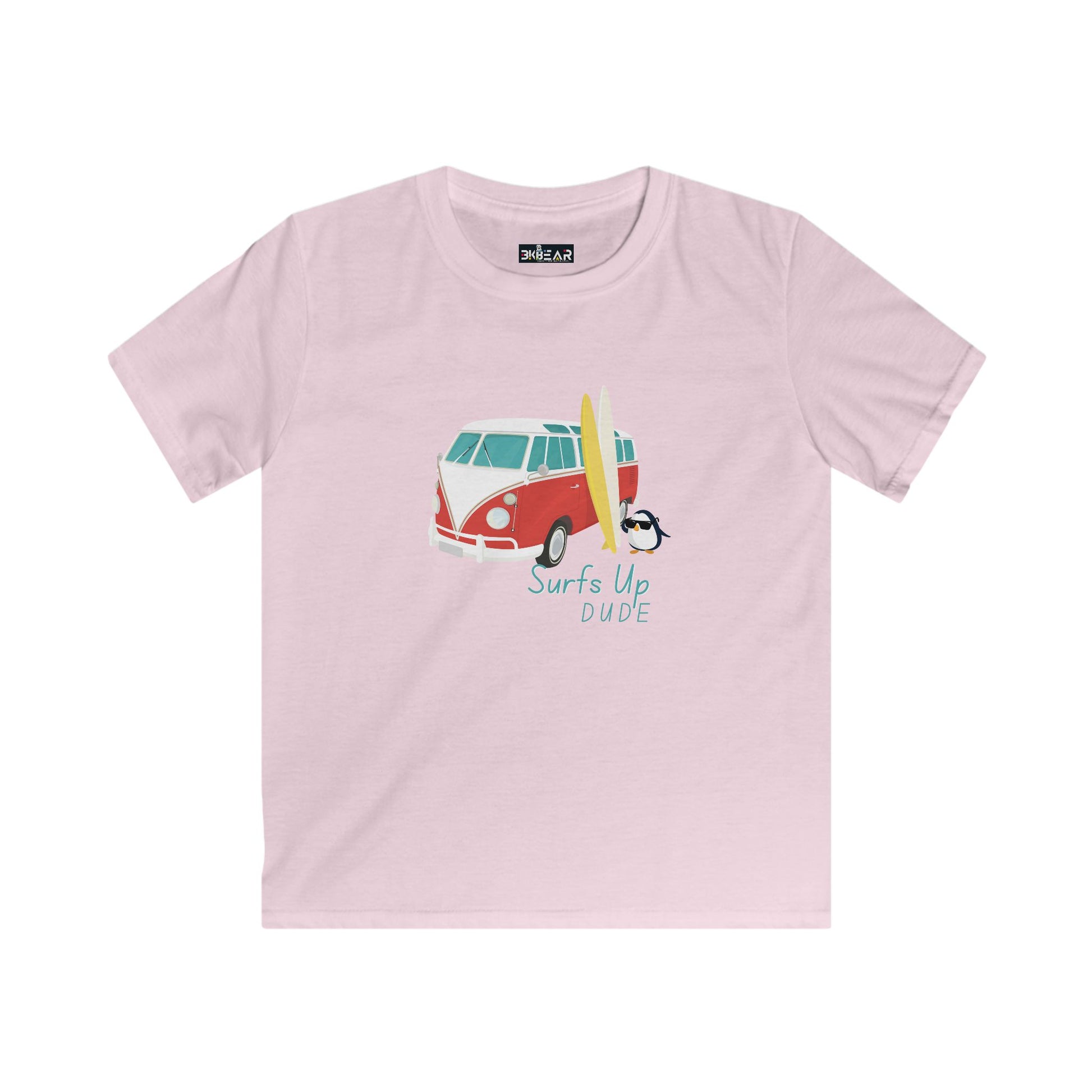 Printify pink surfing shirt for boys and girls with red van and surfboard graphic
