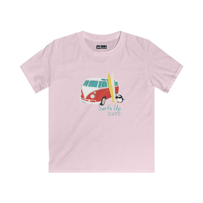 Printify pink surfing shirt for boys and girls with red van and surfboard graphic