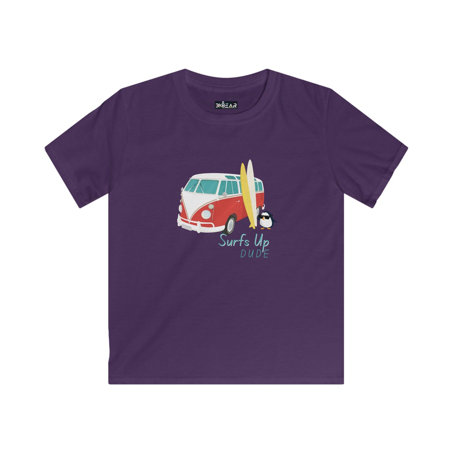 Purple surfing shirt for boys and girls with vintage van and surfboard graphic print