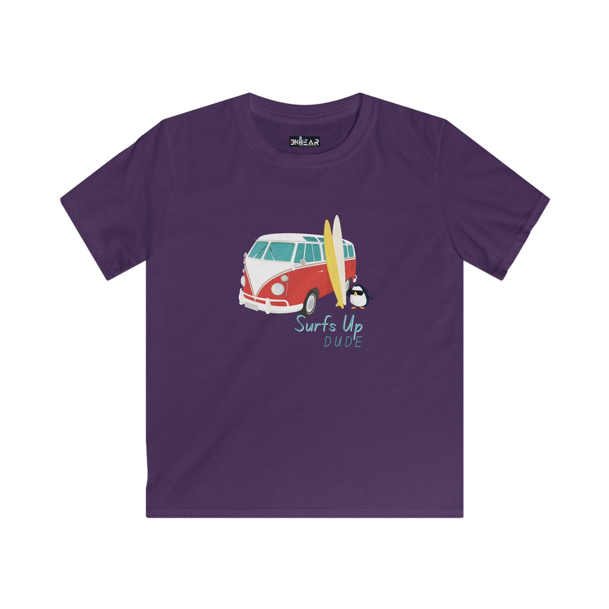 Purple surfing shirt for boys and girls with vintage van and surfboard graphic print
