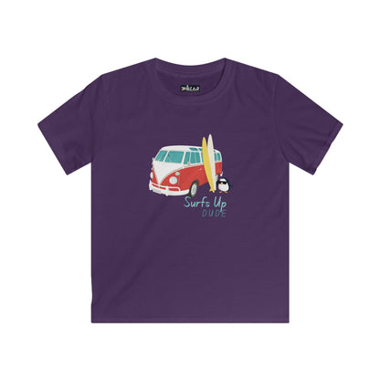 Purple surfing shirt for boys and girls with vintage van and surfboard graphic print