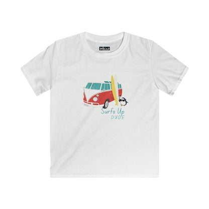 White kids surfing shirt for boys and girls with red van, yellow surfboard, and surfing penguin print