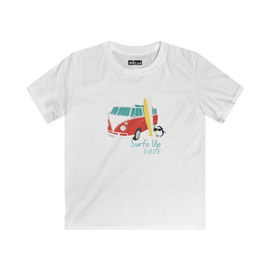 White kids surfing shirt for boys and girls with red van, yellow surfboard, and surfing penguin print