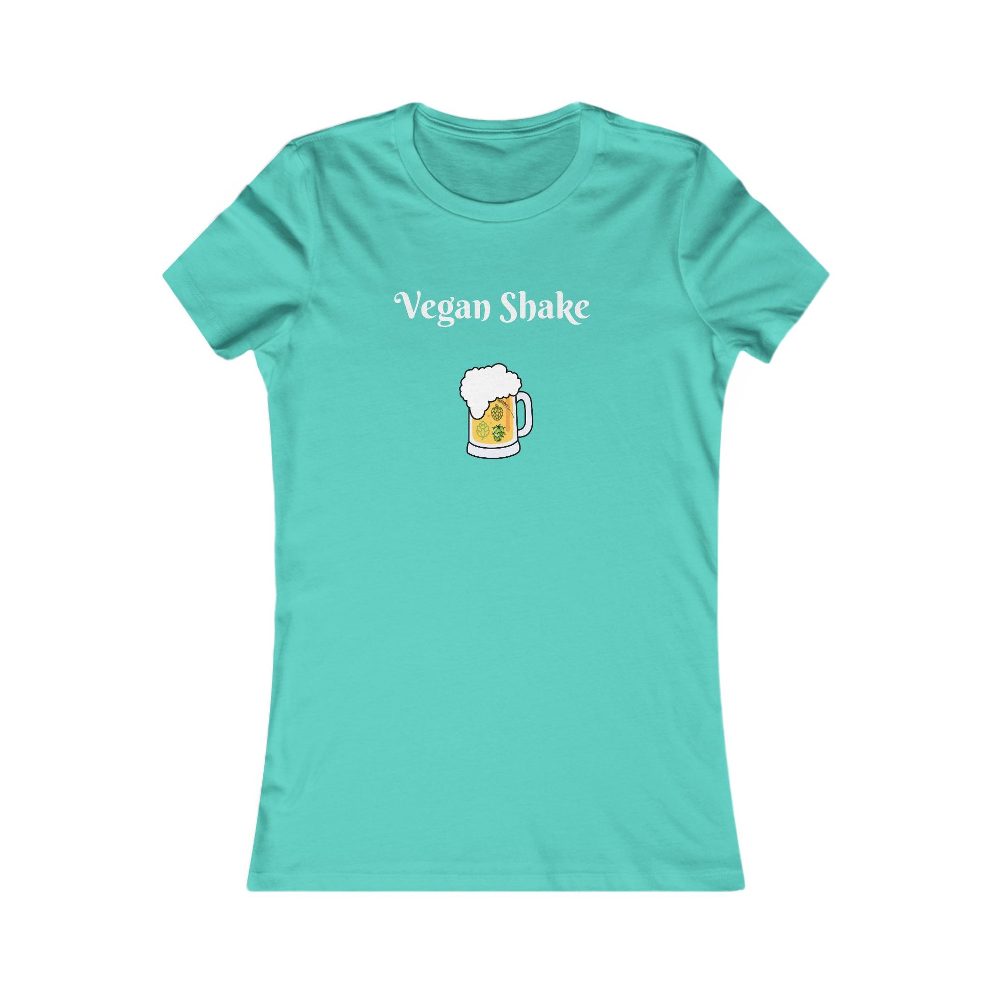 Printify teal beer in disguise t-shirt women with Vegan Shake text and beer mug graphic