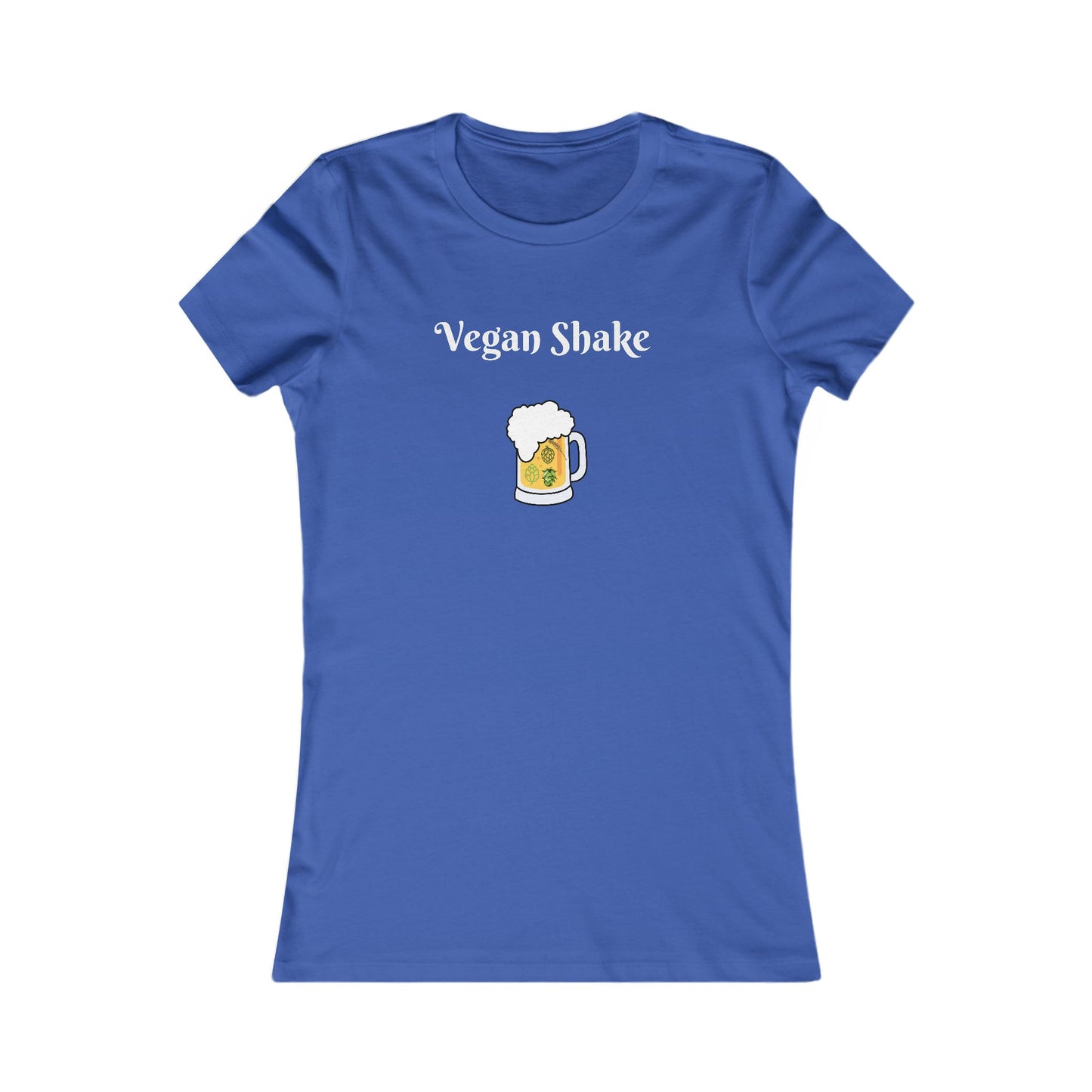 Blue beer in disguise t-shirt women with Vegan Shake text and beer mug graphic by Printify