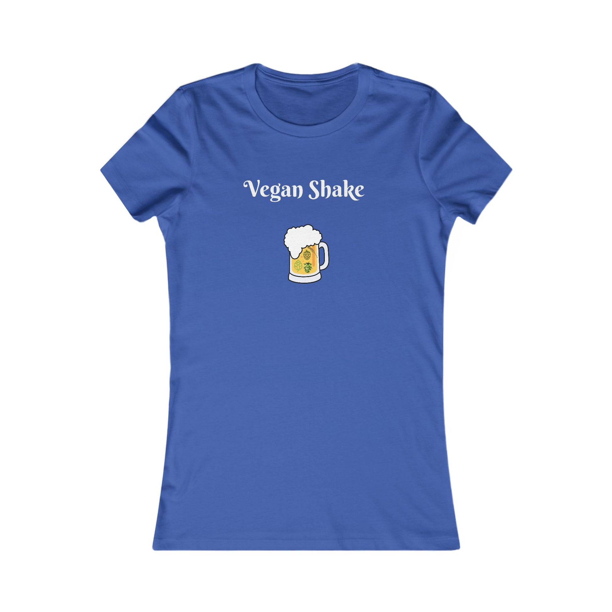 Blue beer in disguise t-shirt women with Vegan Shake text and beer mug graphic by Printify