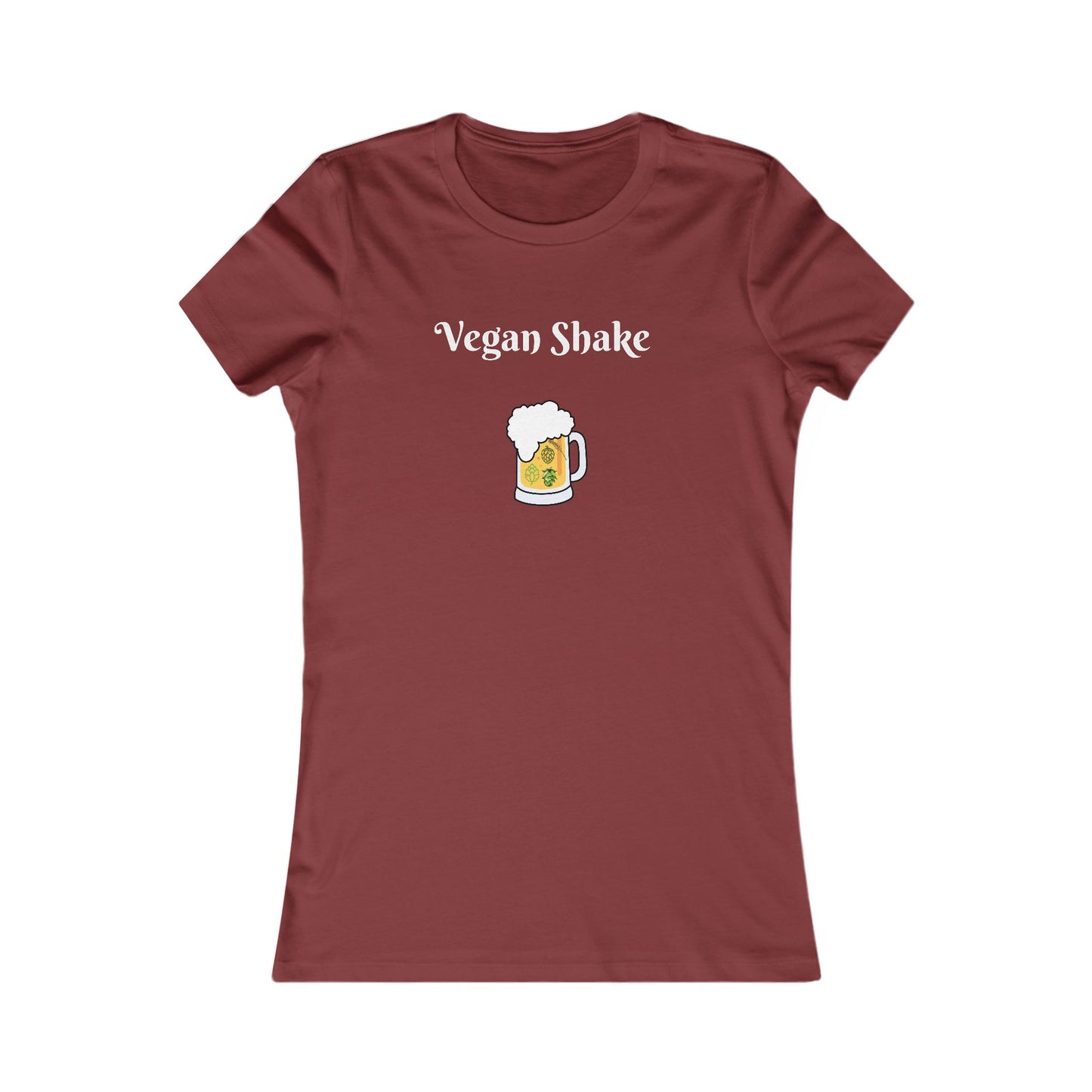 Beer in disguise t-shirt women featuring Vegan Shake text with a beer mug graphic on maroon fabric