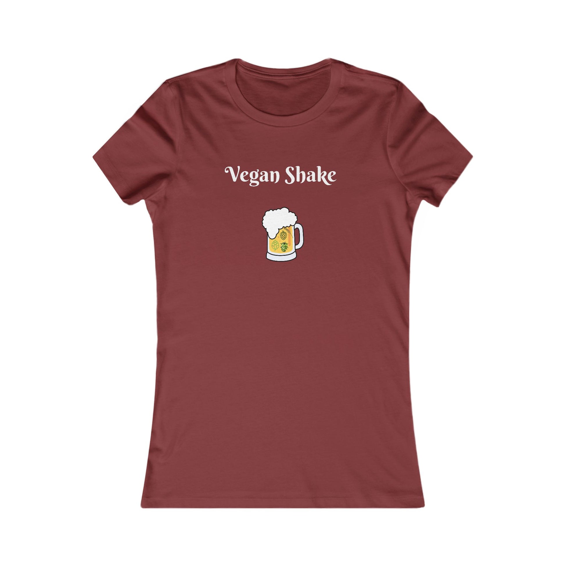 Beer in disguise t-shirt women featuring Vegan Shake text with a beer mug graphic on maroon fabric