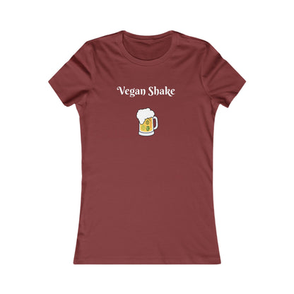 Beer in disguise t-shirt women featuring Vegan Shake text with a beer mug graphic on maroon fabric