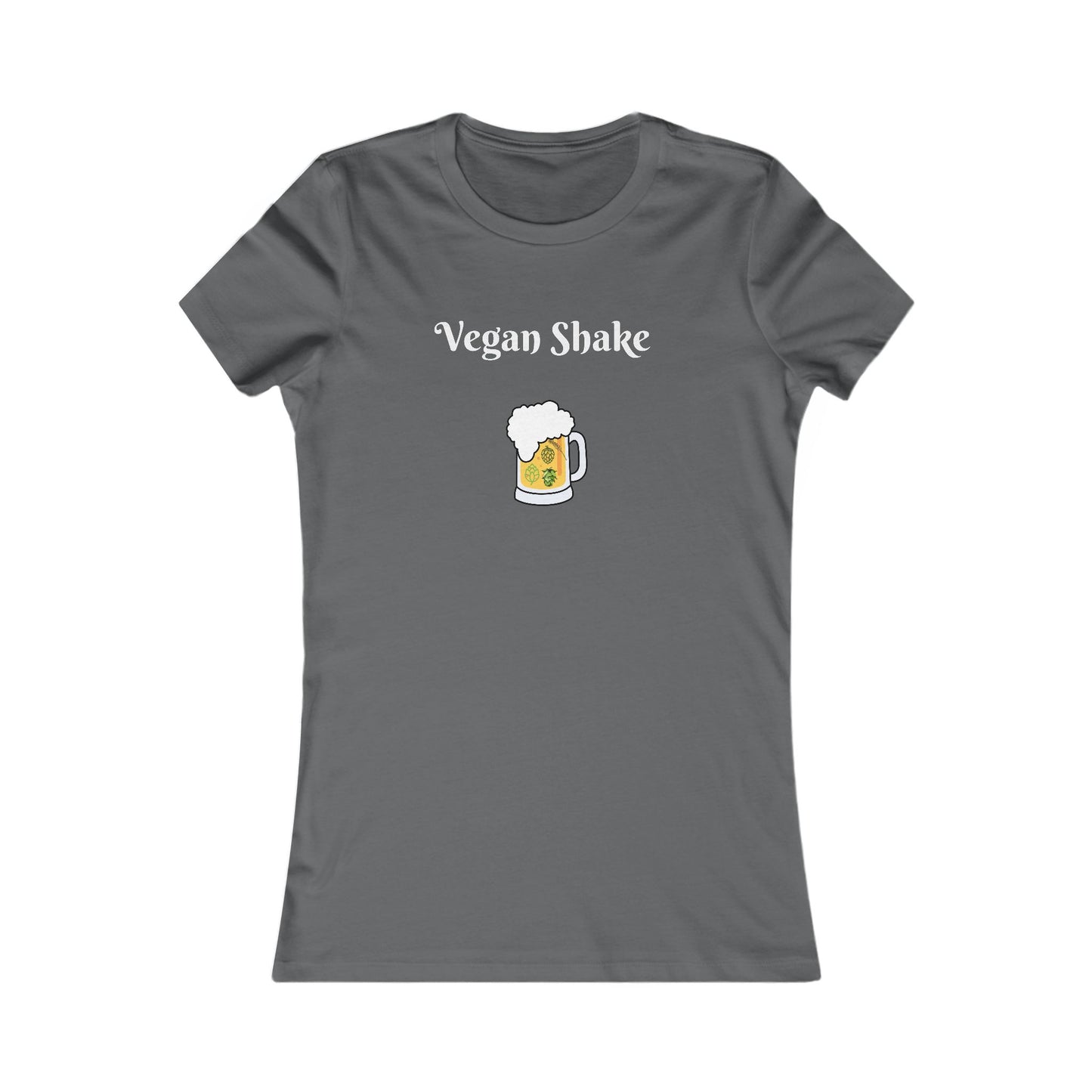 Gray Printify beer in disguise t-shirt women with Vegan Shake text and beer mug graphic