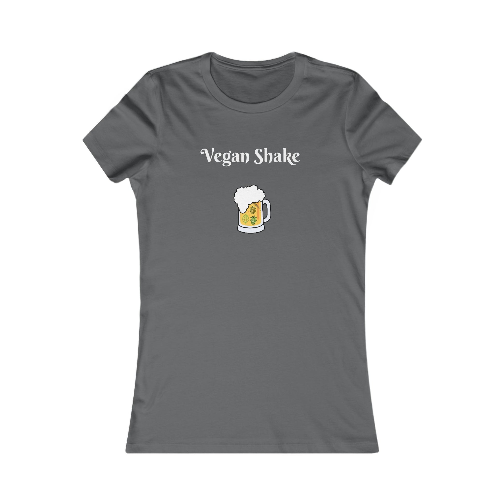 Gray Printify beer in disguise t-shirt women with Vegan Shake text and beer mug graphic