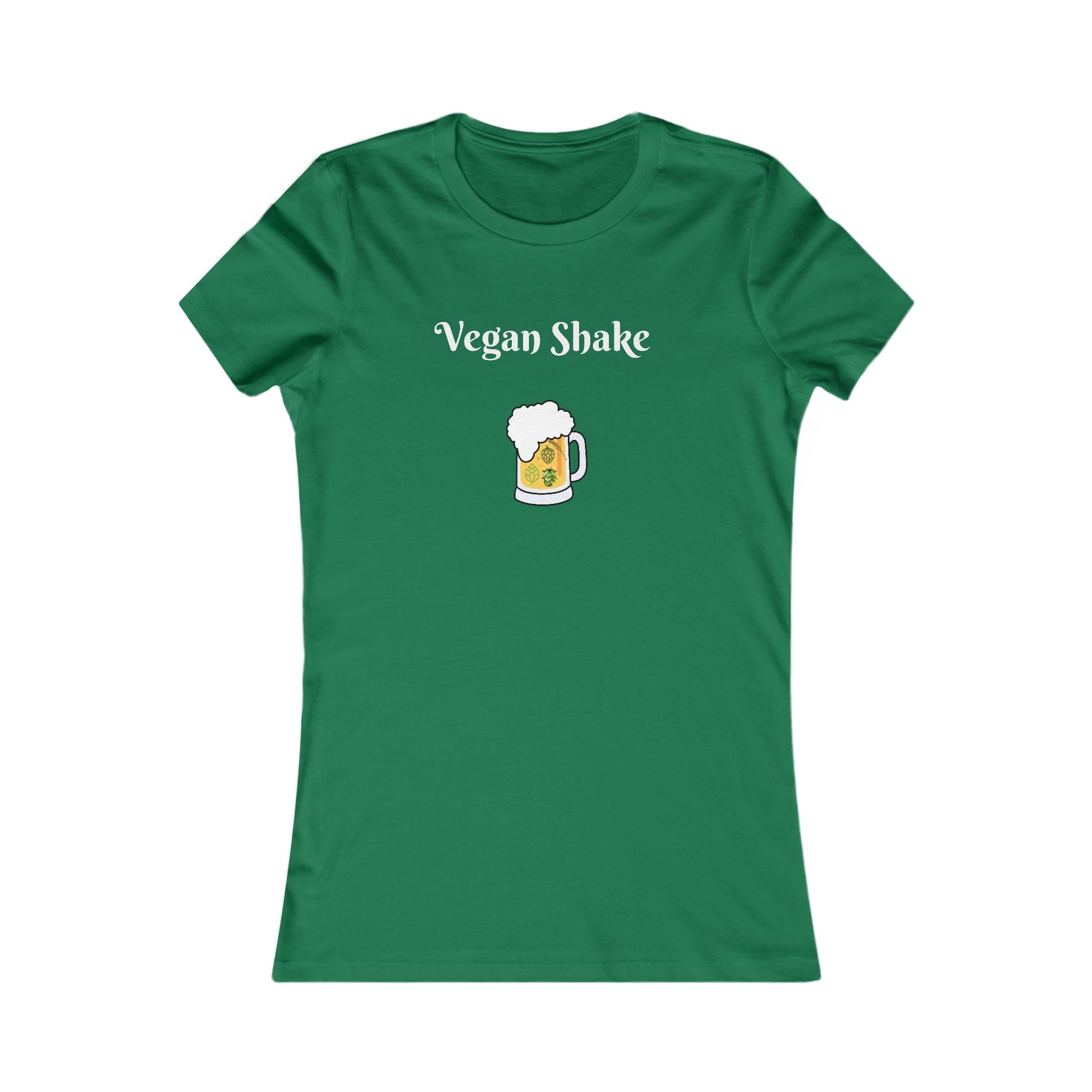 Green Printify beer in disguise t-shirt women with Vegan Shake text and beer mug graphic