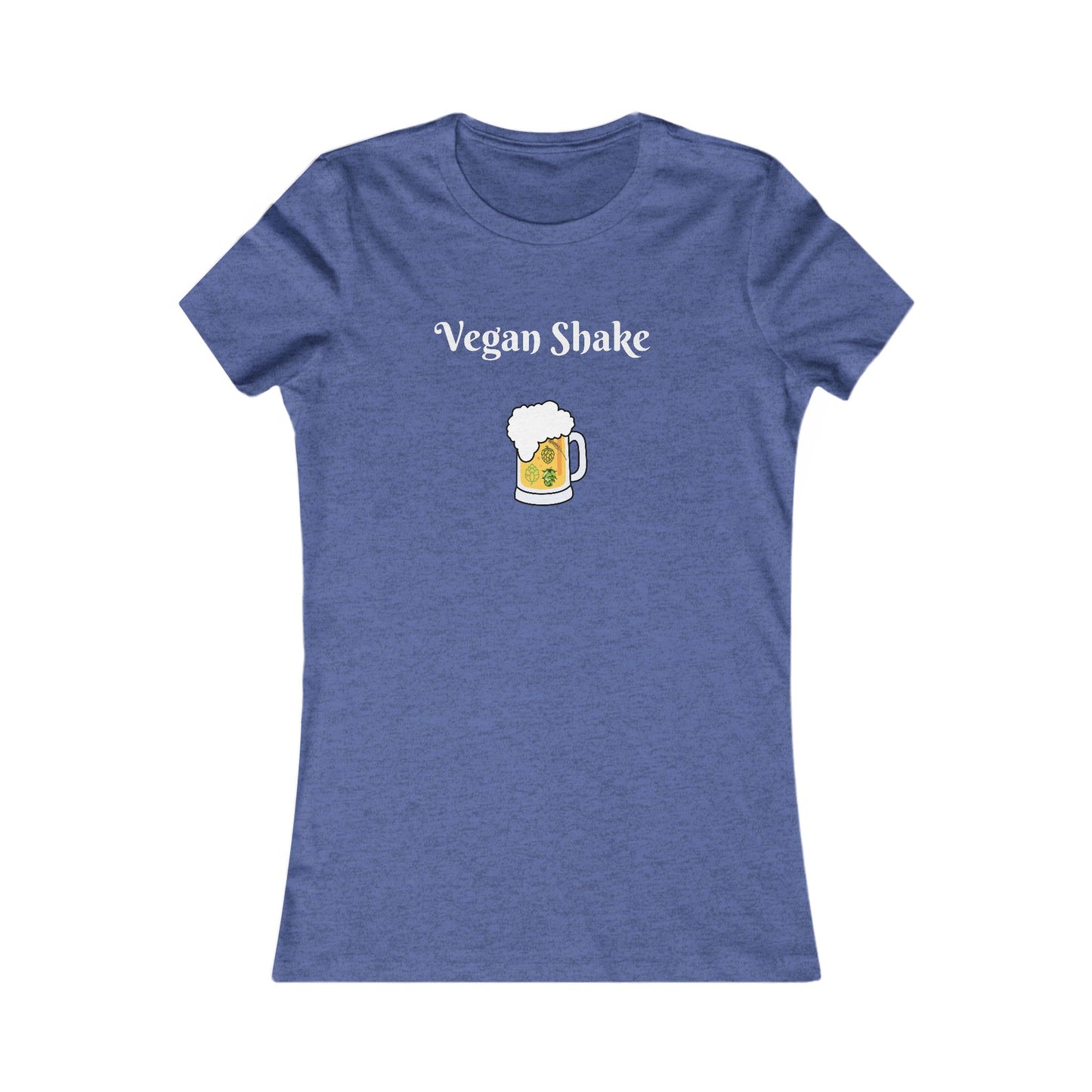 Printify blue beer in disguise t-shirt women with Vegan Shake text and beer mug graphic