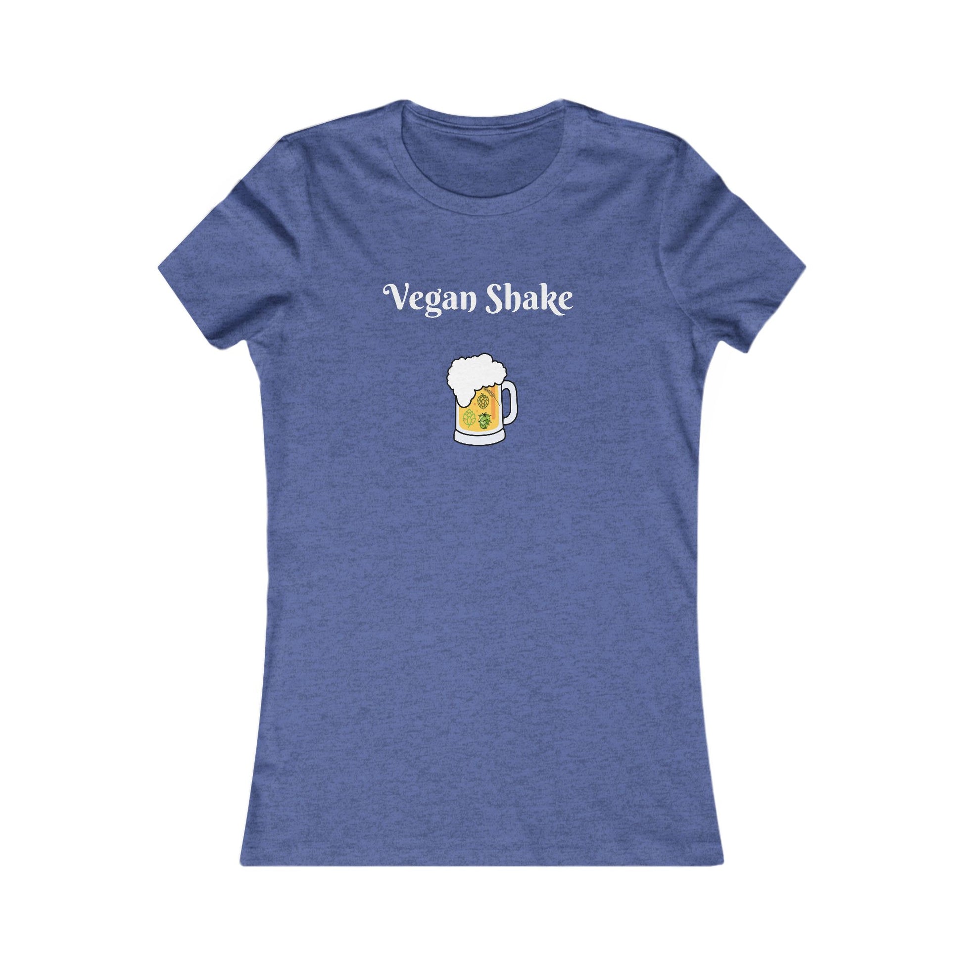 Printify blue beer in disguise t-shirt women with Vegan Shake text and beer mug graphic