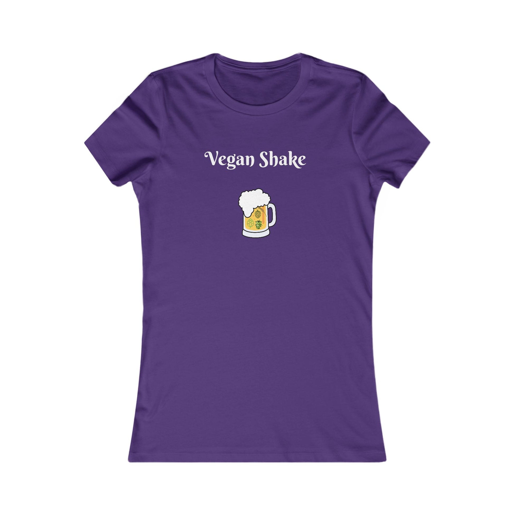 Purple beer in disguise t-shirt women with Vegan Shake text and beer mug graphic from Printify