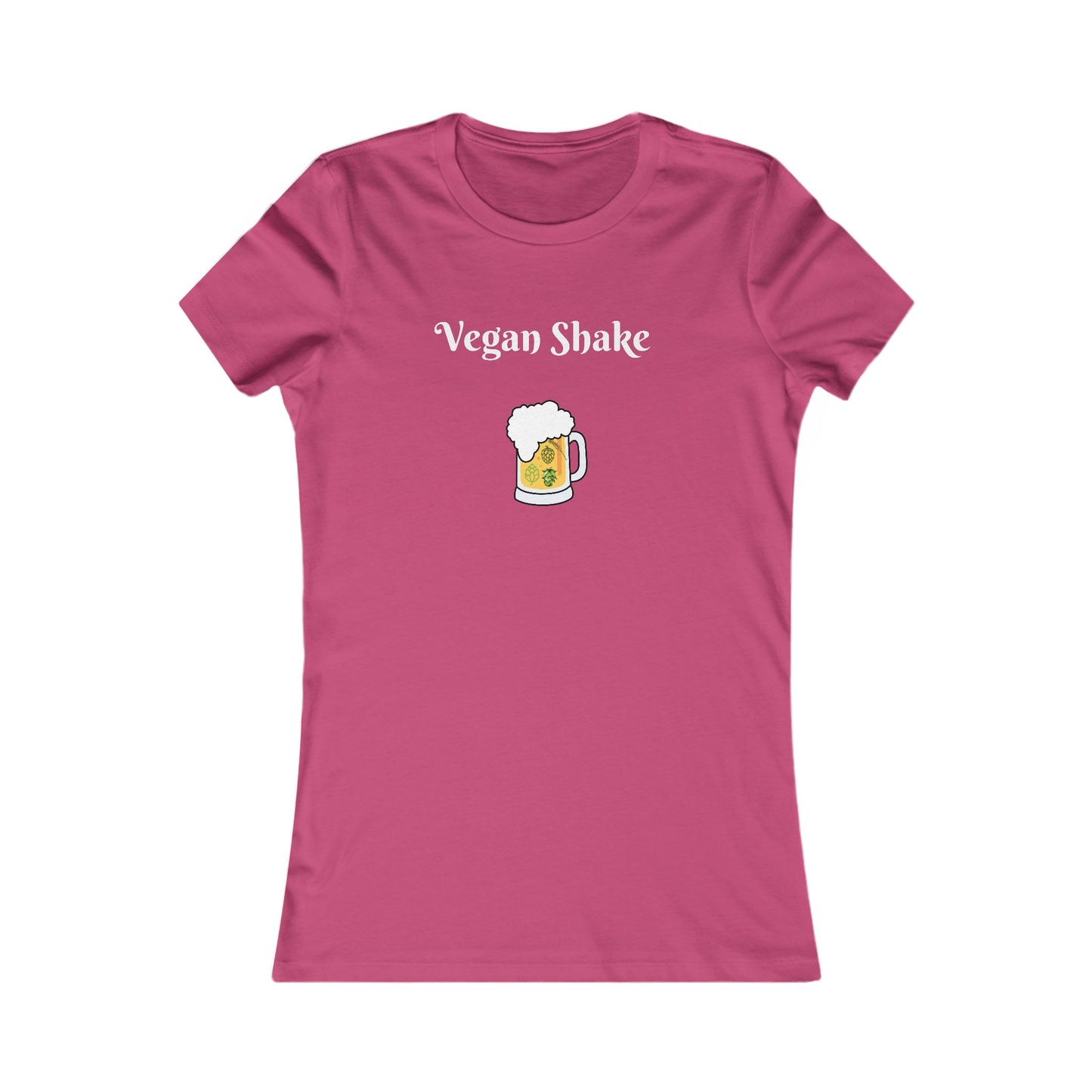 Pink beer in disguise t-shirt women with Vegan Shake text and beer mug graphic from Printify